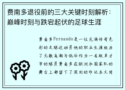 费南多退役前的三大关键时刻解析：巅峰时刻与跌宕起伏的足球生涯