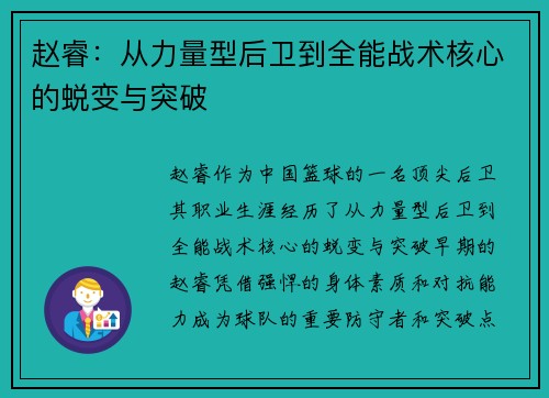赵睿：从力量型后卫到全能战术核心的蜕变与突破
